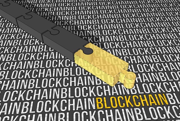 Blockchain puzzle-piece graphic with a highlighted gold piece