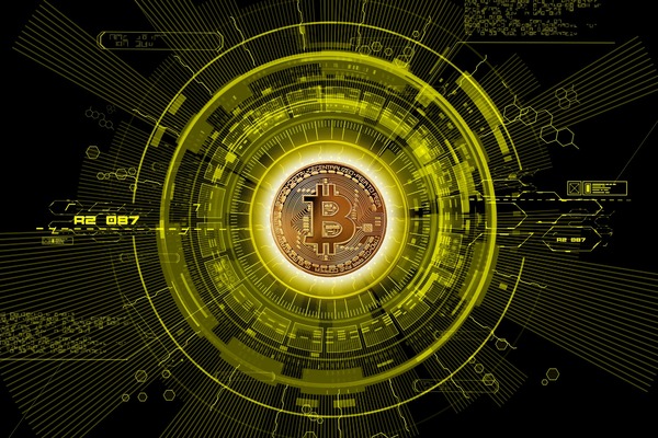 Digital illustration of a Bitcoin coin surrounded by circuit rings