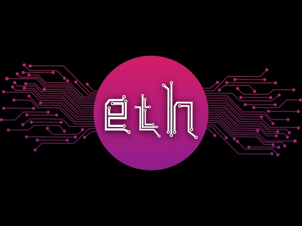 Stylized Ethereum (ETH) logo graphic with circuit-style lines