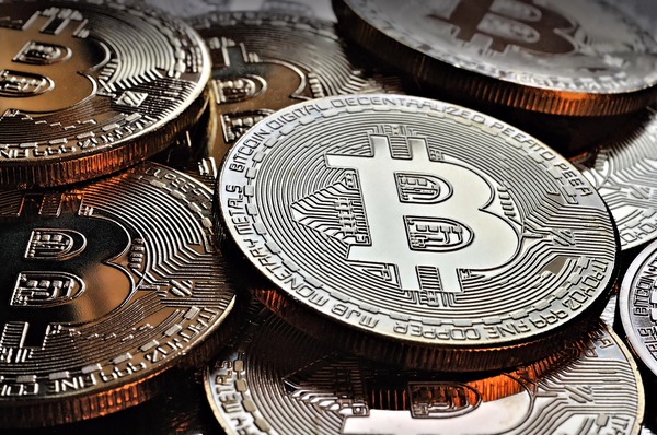Close-up of a pile of Bitcoin coins