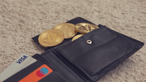 Bitcoin coins and a Visa card inside an open wallet